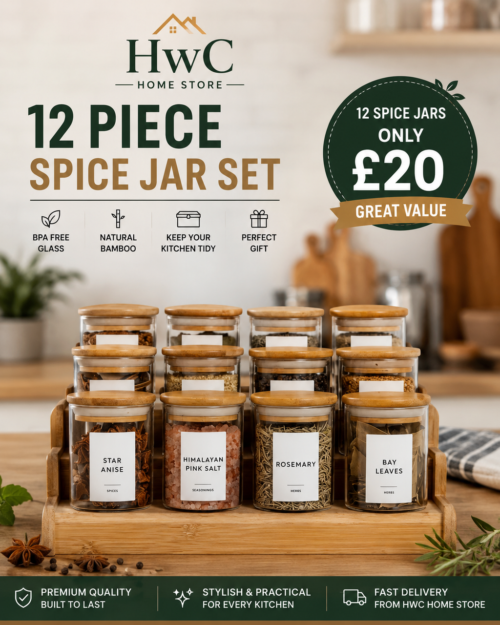 12 Pcs Round Spice Jars With Bamboo Lids And Stickers, Glass Storage Jars, Candy Jars, Coffee Jars, Salt Jars, Pepper Jars, Tea Jars (Copy)