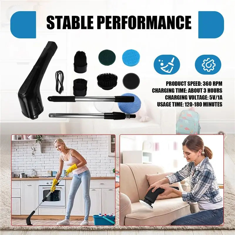 A94E-Electric Cleaning Scrubber Cordless Powerful Scrub Brush With Adjustable Extension Long Handle Replaceable Brush Heads
