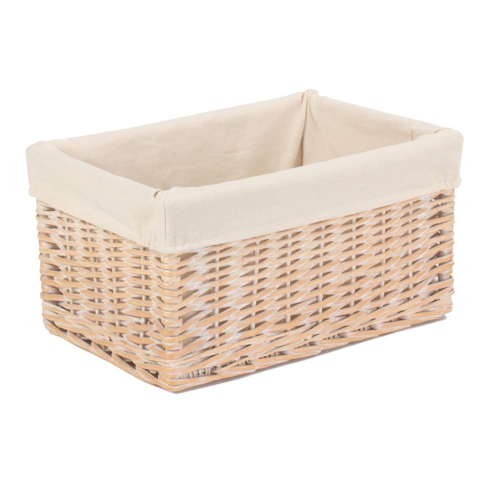 Whitewash White Lined Wicker Storage Basket